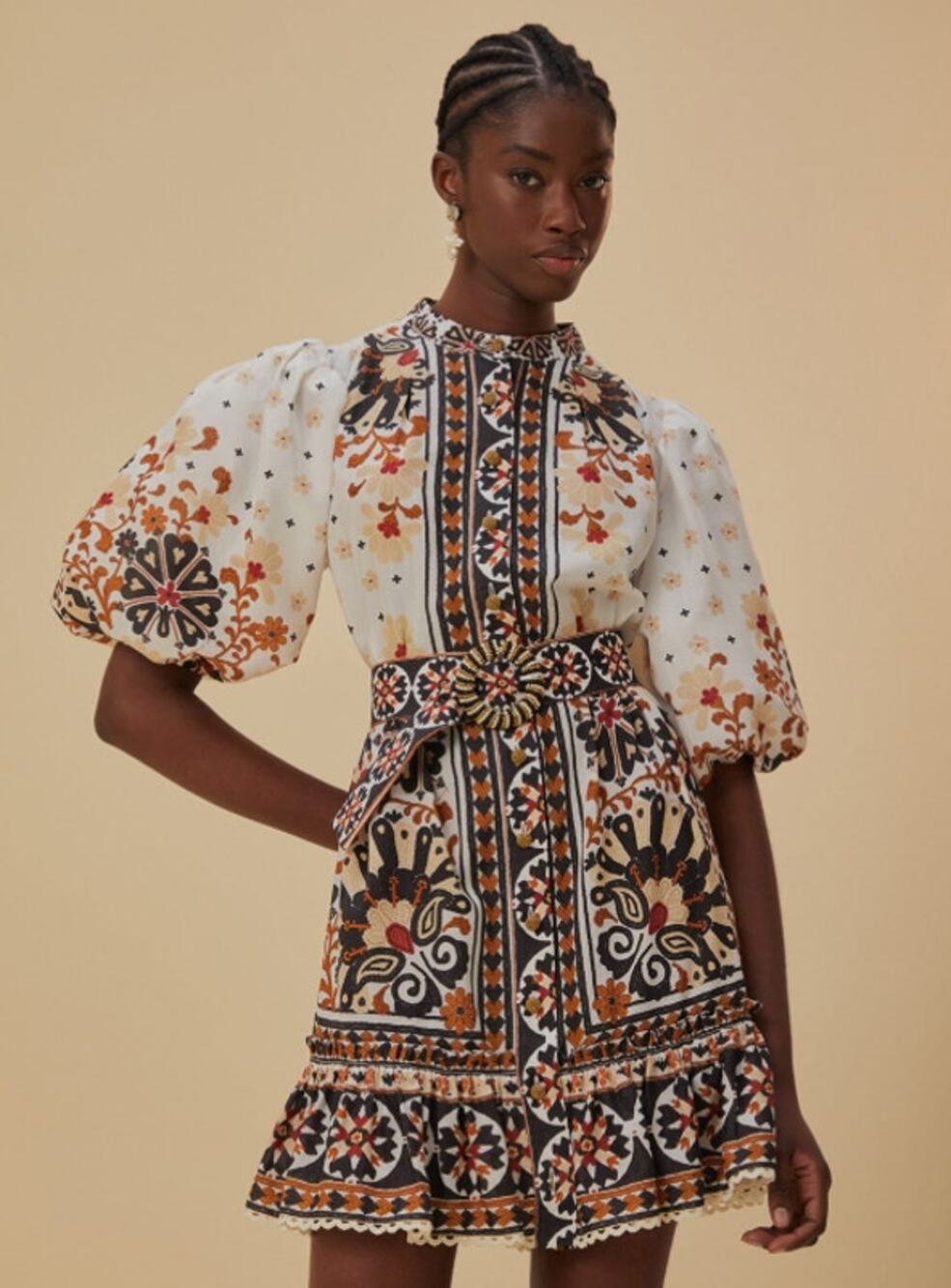 FARM RIO Flower Fan Tapestry Mini Dress Floral Puff Sleeve Beaded Belted Ruffle